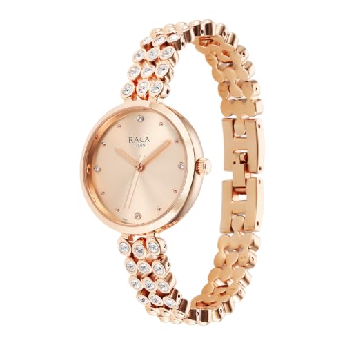 Titan Raga Plain 3 Hands Raga Rose Gold/Copper Round Dial Rose Gold Plating Brass Strap Womens Watch - 95262WM01F