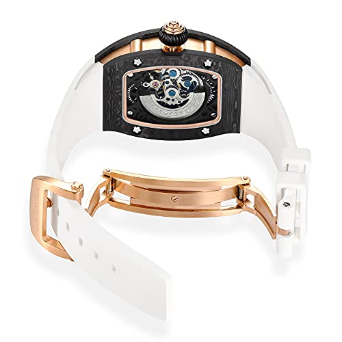 FEICE Women's Automatic Wrist Watch Fashion Skeleton Mechanical Watch with Carbon Fiber Strap Luminous Waterproof Wristwatch for Ladies FM606 (Black&White)