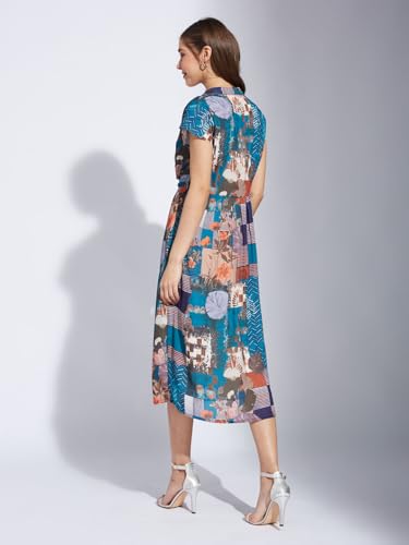 Latin Quarters Women Teal V-Neck Half Sleeve Printed A-Line Dress_S