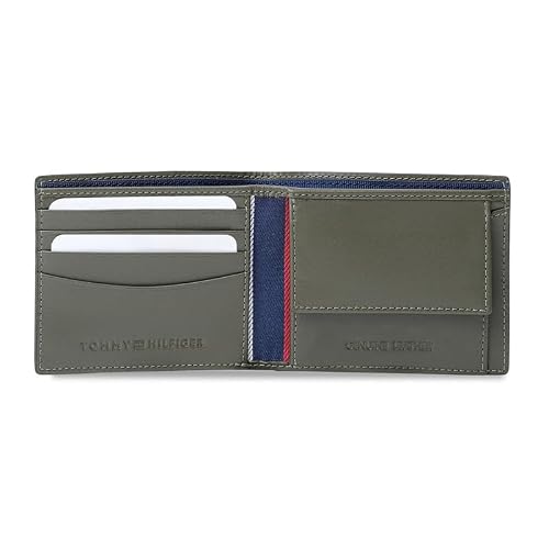 Tommy Hilfiger Men's Leather Wallet Strovolos | Laser-Detailed Olive Bi-Fold with Global Coin Pocket | Stylish Purse for Gents