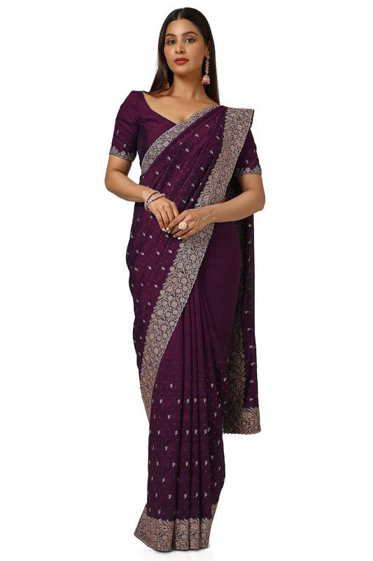 Soch Womens Wine Zari Embroidered Tussar Saree With Stone Work
