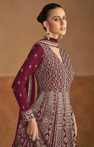 Miss Ethnik Women's Maroon Chinon Stitched Gown With Dupatta Full Sleeve Embroidered A-Line Gown (MER-1236-Maroon-4XL)