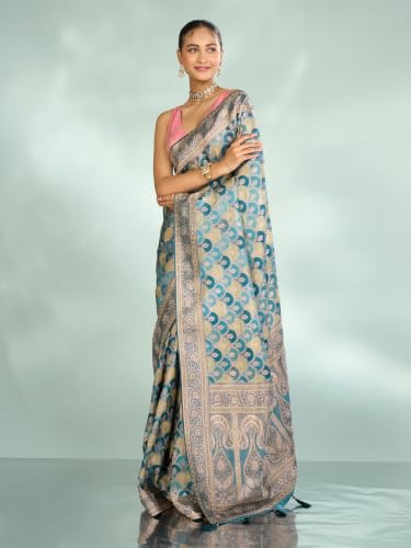 MOHEY Women's Art Silk Stone Work & Woven Saree with Blouse Piece (Blue)