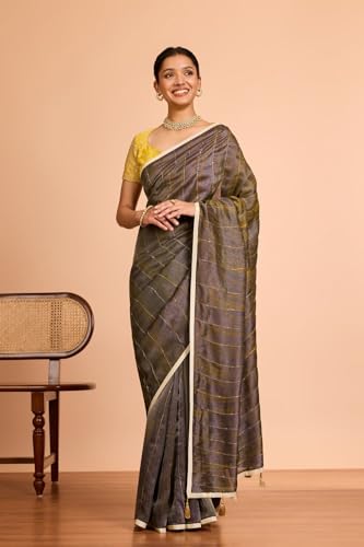 Taneira Women Brown Pure Tissue Organza Hand Painted Embroidered Saree with Unstitched Blouse Piece (SAIP01AC1418-Brown)