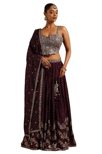 Soch Womens Wine Chinon Floral Lehenga Choli Set With Stone Work