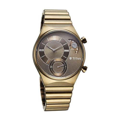 Titan Micromotors Analog with Date and Sun-Moon Sub-Dial and Khaki Dial Khaki Stainless Steel Strap Watch for Men - 90181QM01