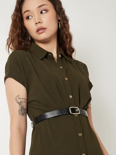 Max Women Solid Shirt Dress with Belt (Green_XS)