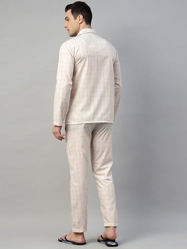 English Navy Men Checked Night Suit Beige S, Soft Breathable Fabric for a restful Night, Perfect for Bedtime and Home wear, Comfortable Relaxed fit for Lounging