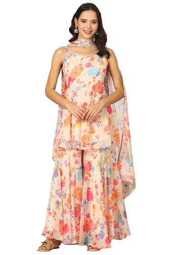 W for Woman Off-White Floral Printed Sleeveless Flared Chiffon Kurta and Sharara Set with Dupatta (Size: 2XL)-24AUWS12585-124166