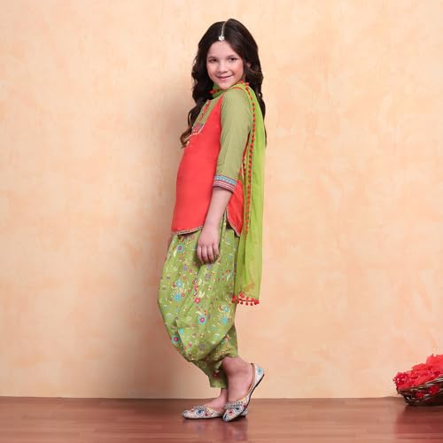 Biba Girls Org-Grn Straight Cotton Solid Kurta suit set