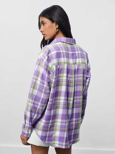 The Souled Store Plaid Shirt: Lilac Women and Girls Long Sleeves Collared Neck Button Front Purple Cotton Boyfriend Shirts