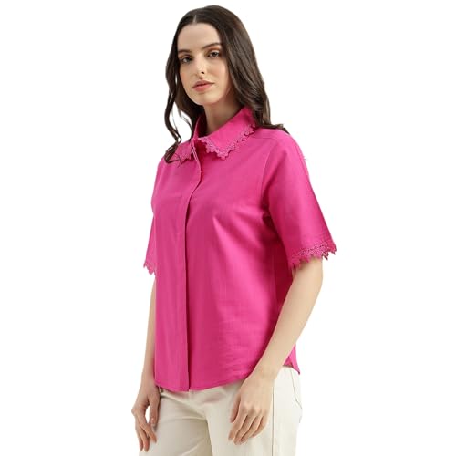 United Colors of Benetton Regular Fit Spread Collar Solid Lace Detail Slub Shirt (Size: M) - 26P5WVNTP309IPF1 Pink
