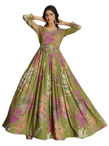 madhuram textiles Women's Rayon Print with Hand Embroidery Work Anarkali Long Gown(M-2543 Mehndi(Green)_Large)