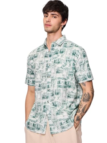 The Souled Store Green Escape Men and Boys Short Sleeves Collared Neck Button Front All Over Printed Cotton Holiday Shirts