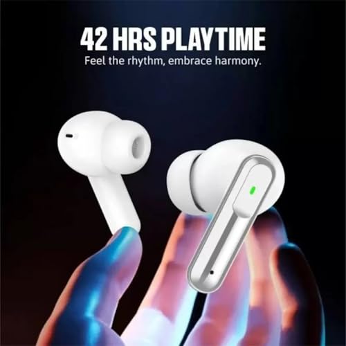 VEHOP Atom 151 Truly Wireless in Ear Earbuds with 42 HRS Battery, Fast Charge, BT v5.3 Bluetooth Earbud, Dual Mics ENC, Low Latency Gaming, IPX4, TWS Ear Buds Wireless Earphones with mic (White)