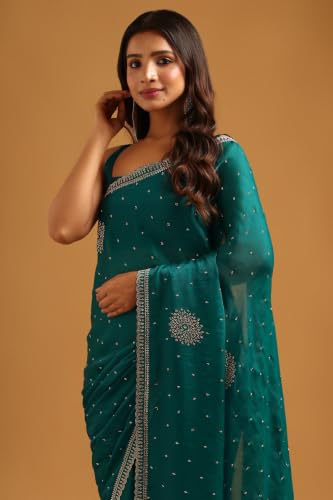 Soch Womens Teal Fendy Organza Stonework Embellished Saree