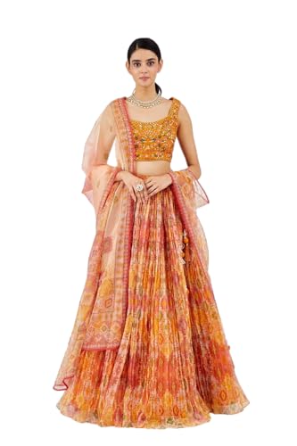 AG Clothing Women's Organza Semi Stitched Lehenga Choli With Dupatta | Digital Print With Creaz Pattern | Traditional, Wedding, Ethnic Wear Lehenga (ZC-MAndAKINI-Vol2i-121-Yellow)