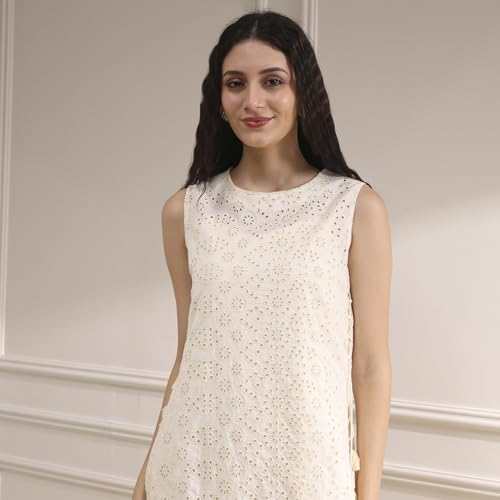 Biba Women's Cotton Embroidered Straight Kurta (SKDSCHIFFLI10573SS25OWH_Off White