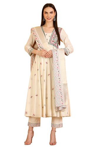 W for Woman Off-White Embroidered Yoke Textured Cotton Anarkali Kurta, Pants and Dupatta Set (Size: XL)-WS12118-222952