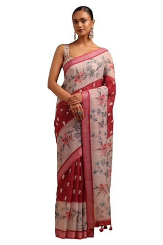 Soch Womens Onion Pink Linen Botanical Saree