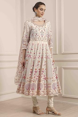Biba Women's Off White Cotton Anarkali Printed Lehenga Set