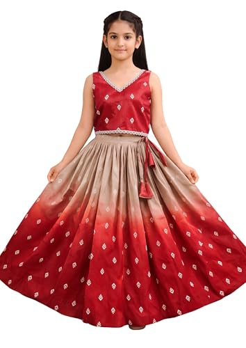 Kidsella Girls Soft Silk Printed Lehenga Choli Set | Kids Readymade Ethnic Wear | Girls Traditional Dress (Red, 3-4 Years)