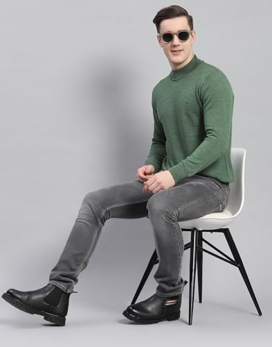 Monte Carlo Mens Green Solid Turtle Neck Full Sleeve Wool Casual Sweater | Warm Woolen Pullover for Men | Soft Comfortable Knitted Winter Wear Sweater for Men's