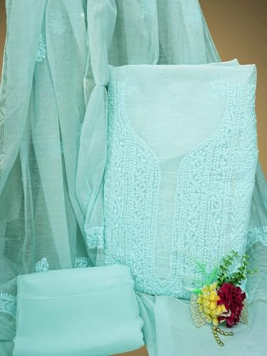 Ada Hand Embroidered Lucknowi Chikankari Unstitched Chanderi Dress Material Suit Piece with Dupatta for Women with Pearl Work 01A937473 Light Turquoise