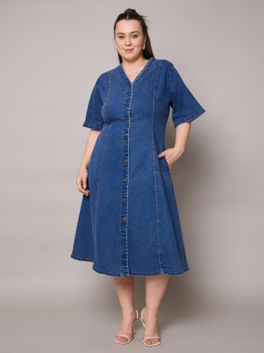 SASSAFRAS Curve Navy Denim V Neck Midi Dress