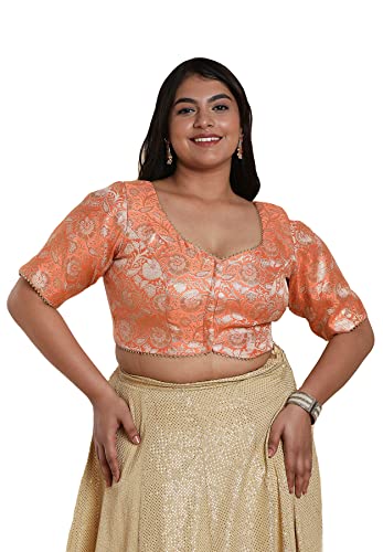 SALWAR STUDIO Women's Orange Brocade Readymade Saree Blouse-PLSSB00008-ORNG