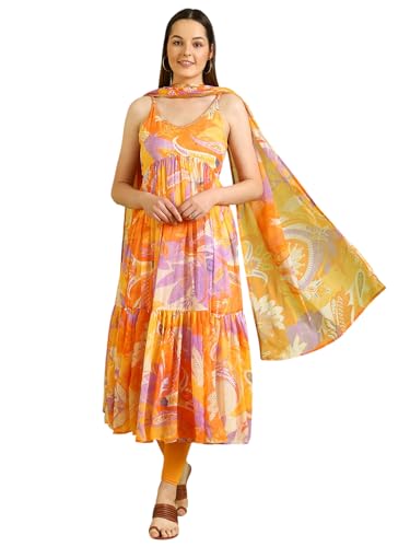 W for Woman Orange Abstract Printed Tiered Spaghetti Kurta and Leggings Set with Dupatta (Size: XL)-WS11527-123741