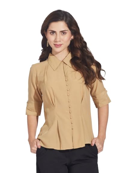 Latin Quarters Women's Beige Half Sleeves Collared Solid Casual Shirt_L