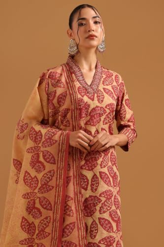 Soch Womens Peach Cotton Digital Print Botanical Block Print Salwar Suit