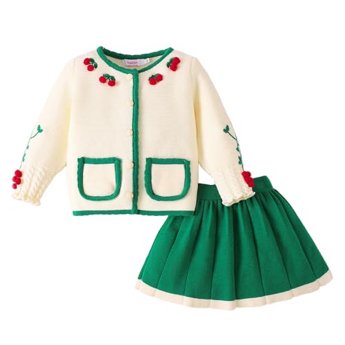 Hopscotch Girls Full Sleeves Cream 2-Pc Cherry Applique Sweater & Skirt (18-24 Months)
