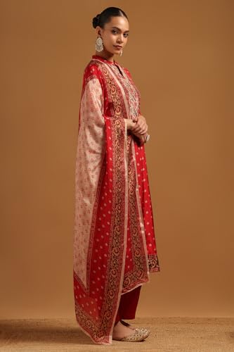 Soch Womens Red Muslin Floral Salwar Suit With Sequins