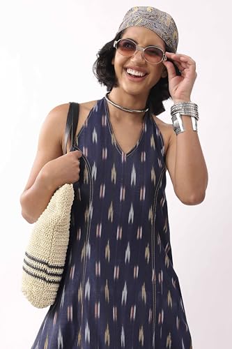 Biba Nxt Women Navy Blue Cotton Printed A Line Dress_30