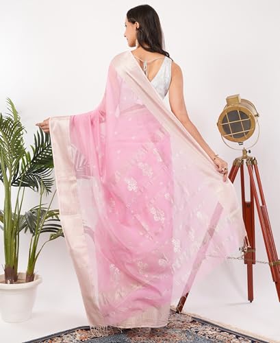 Gaon Originals Silk Saree in Blush Pink with Contrasting Border
