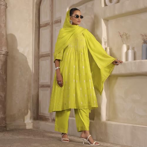 Biba Women's Silk Kurta Set (SKDTMETWEV30287AW25LIM_Lime Green