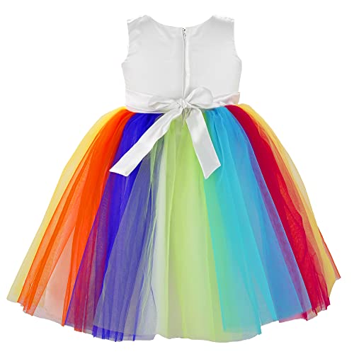 Stanwells Kids Baby Girls Knee Length Birthday Frocks Net Flared Ruffle Pattern Sleeveless Colourful Flower Frock Dress Embroidery Fancy Dress for Girls Birthday Gift for Daughter (Rainbow 5-6 Years)