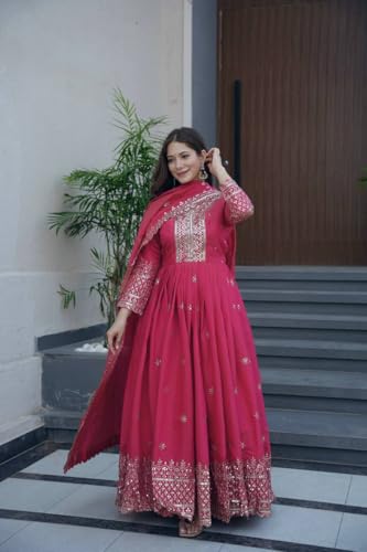Women Most Beautiful Shimmer Silk Gown with Dupatta Long Dress, Latest Silk Long Anarkali Gown Set for Girls and Woman (in, Alpha, L, Regular, Women, Pink)