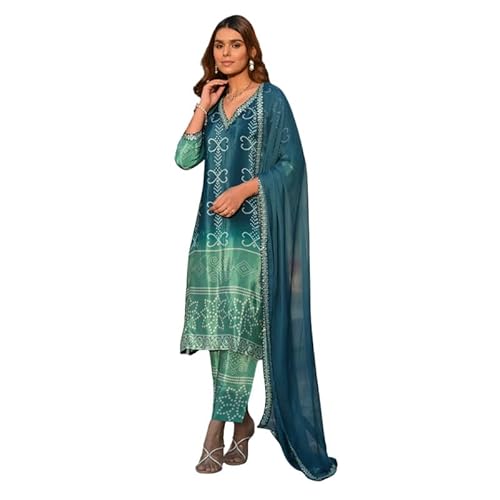AVYUKTHA | Women Bandhani Printed Kurta Set with Trors & Dupatta | for Festive, Casual & Daily | Aqua | Size- XL
