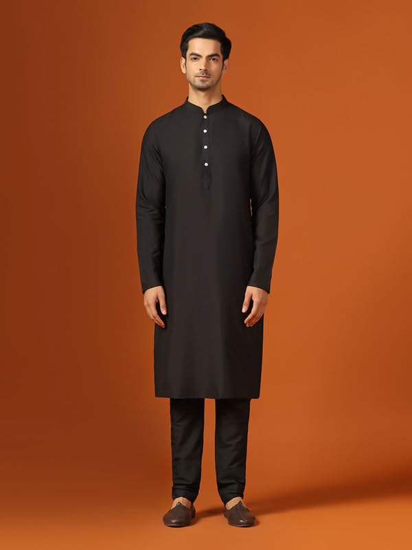 KISAH Men's Kurta Indo-Western Sherwani Trouser Set, Black Jacquard, Woven Design Regular Fit Mandarin Collar Long Sleeves (44)