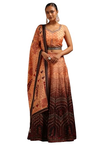 Soch Womens Peach Russian Silk Floral Print Lehenga Choli With Mirror Work