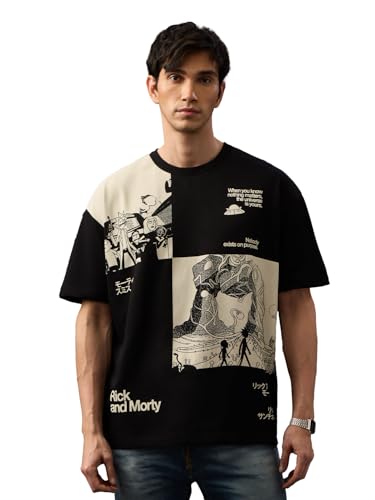 The Souled Store Rick and Morty: Nothing On Purpose Men and Boys Short Sleeves Round Neck Black and Off White Graphic Printed Casual Lightweight Drop Shoulder Streetwear Trendy Oversized T-Shirts