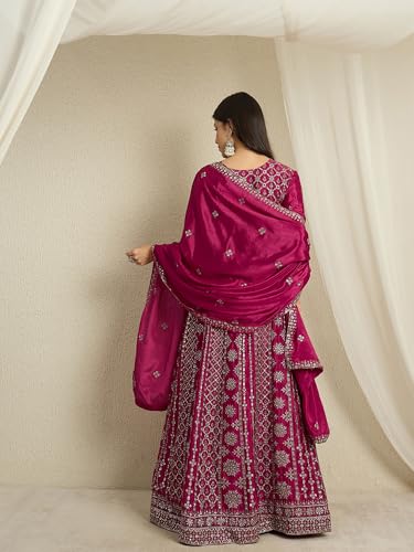 Miss Ethnik Women's Maroon Chinon Stitched Gown With Dupatta Full Sleeve Embroidered A-Line Gown (MEY-1236-Maroon-XXL)