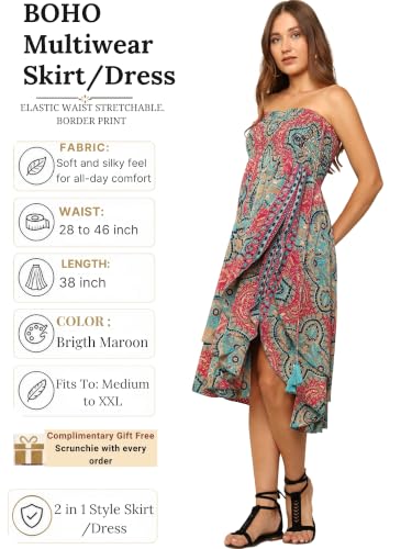 KE KANHA EXPORTS Convertible Dress|Boho Dress for Women|Beach Wear |Border Print 3 Way Tube Halter Skirt Style|Multicolor|Easily fits S-M-L|Bust 28-46 Inches Length 38 Inches