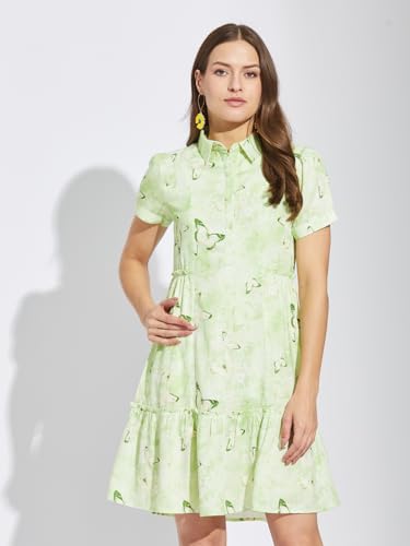 Latin Quarters Women Green Collar Neck Half Sleeves Printed Above Knee Shirt Dress for Casual Wear_2XL