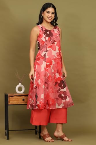 W for Woman Crimson Red Bold Floral Printed Organza Flared Kurta, Pants and Dupatta Set (Size: M)-WS12238-125263