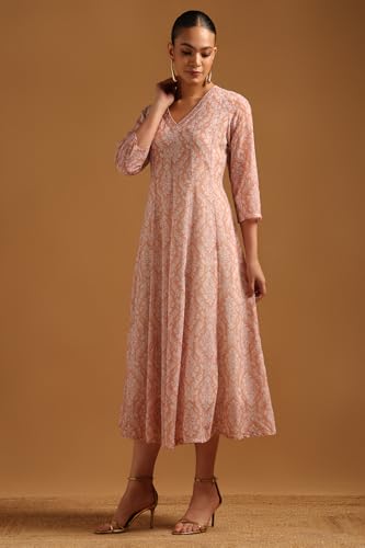 Soch Womens Peach Georgette Ethnic Motifs Dress with Thread Work
