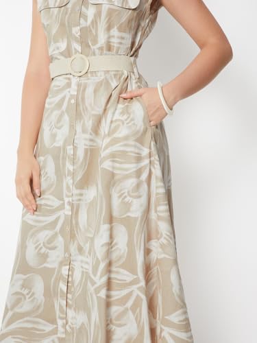Max Women Printed Belted Shirt Dress (Beige_M)